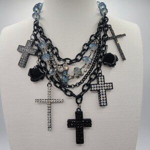 Statement Gothic Inspired Multi Rhinestone Cross Necklace